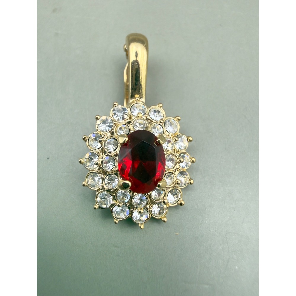 Gold Tone Red Oval Stone Enhancer Pendant Clear Rhinestone Halo Sunburst 1 Inch